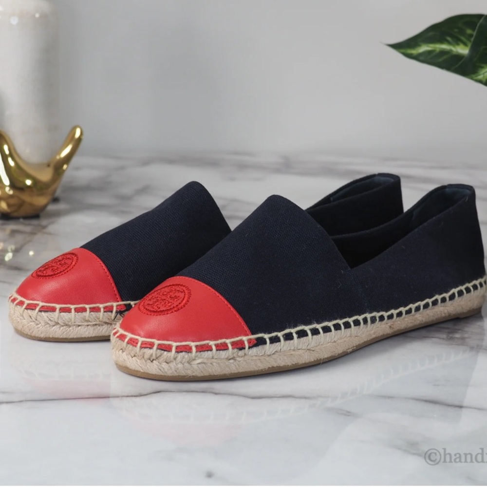 Tory Burch Recycled Canvas Leather Navy Red Color Block Espadrille Shoes - Picture 7 of 15